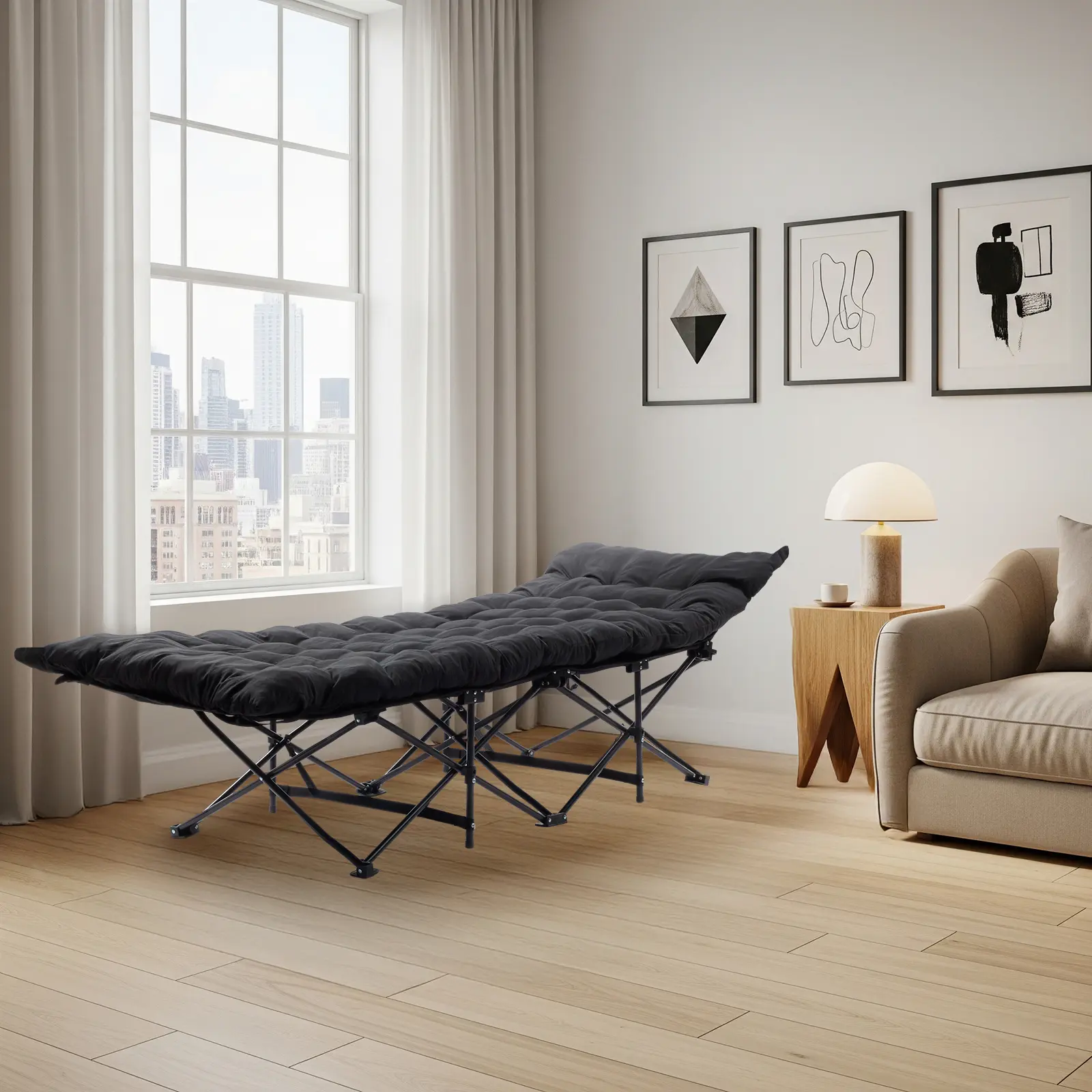 Collapsible Oxford Camping Cot for Adults, Lightweight Folding Guest Bed with Padded Cushion & Incline Head, Indoor Outdoor Furniture, Sturdy, Removable Pad, Ergo Incline, Cotton, Brushed Fabric, Unisex, Steel Frame, Outdoor/Indoor, Foldable Cot, 190 X 71