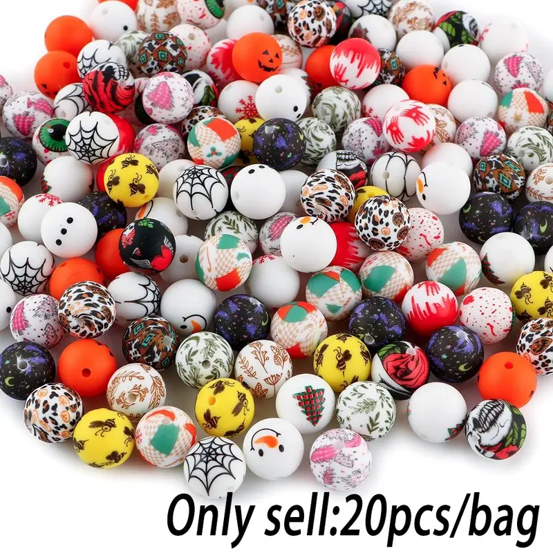 20pcs 15mm Round Silicone Printed Beads for Keychains and Bracelets, 30 Color Options, Beads for crafts, Craft Supplies for Jewelry Making and Keychain Accessories, Bead Set