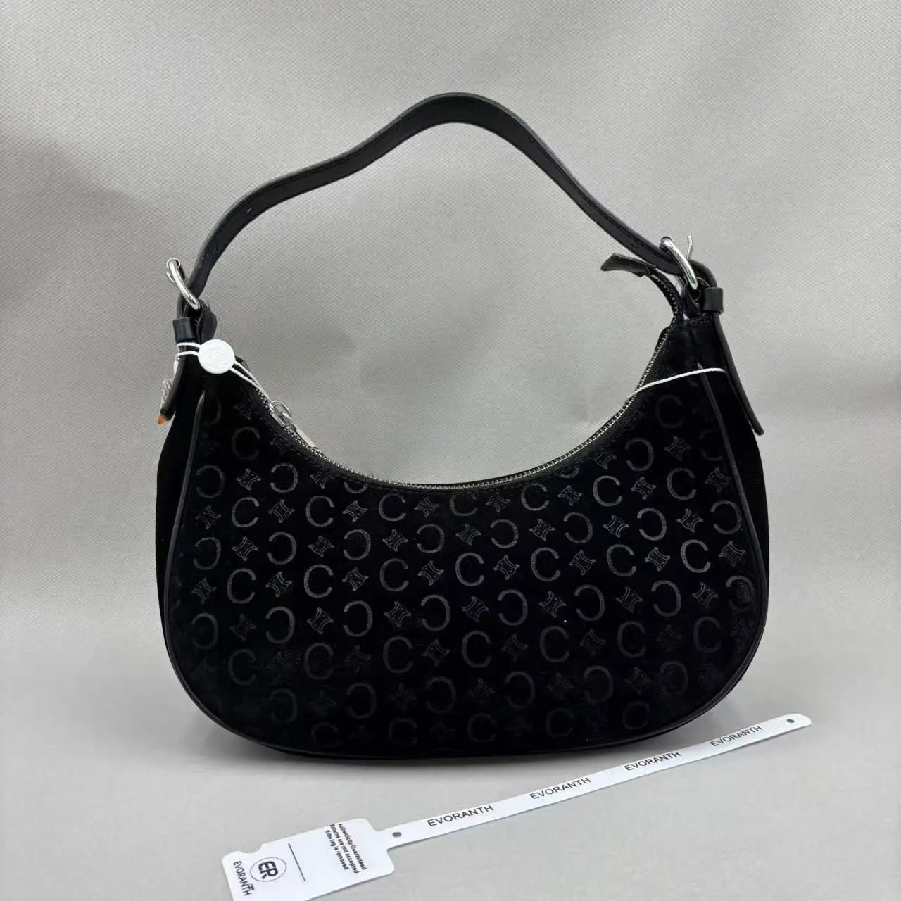 Pre-owned Celine Black Triomphe Embossed Suede Hobo Shoulder Bag ZZ758 26.07.01
