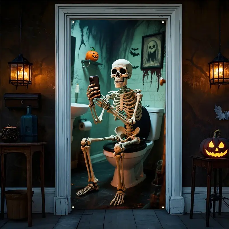 Funny Skull Toilet Selfie Halloween Door Banner, Polyester Front Door Decor, Party Supplies, Indoor Outdoor Decoration
