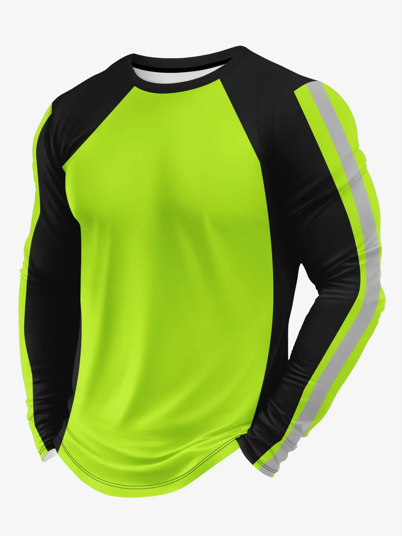 Fluorescent Striped Long Sleeve T-Shirt, High Visibility Outdoor Cycling Men's Top, Modern Loose-Fit Graphic Tee for All Seasons