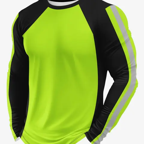 Fluorescent Striped Long Sleeve T-Shirt, High Visibility Outdoor Cycling Men's Top, Outdoor Sports Top, Modern Loose-Fit Graphic Tee for All Seasons