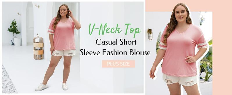 【XL-5XL】Imily Bela Curve Womens Plus Size Tops Summer Short Sleeve V Neck T Shirt Loose Casual Tunics Blouses Womenswear Curvy