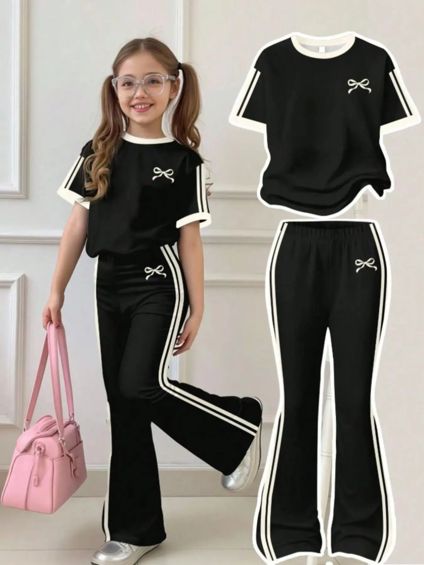 Vintage Striped, Mini Bow Design, Tween Girl Casual Minimalist Stripes Loose Round Neck Short Sleeve T-Shirt and Bell Pants Set, Summer Wear
