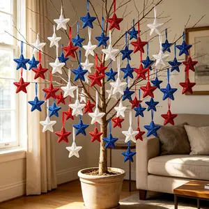 36pcs Blue Glitter Foam Star Hanging Decorations, Independence Day Party Decor, Living Room Decoration, Memorial Day Celebration