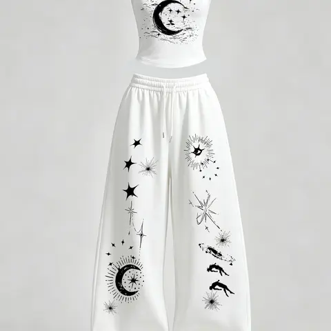 Women's Casual Home Wear Set, Two Pieces Outfits, Star Moon Print Slim Fit Tank Top + Loose Pants, Y2K Street Style for Daily Commute, Campus and Home Relax