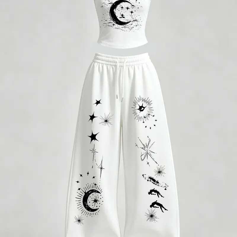 Women's Casual Home Wear Set, Two Pieces Outfits, Star Moon Print Slim Fit Tank Top + Loose Pants, Y2K Street Style for Daily Commute, Campus and Home Relax