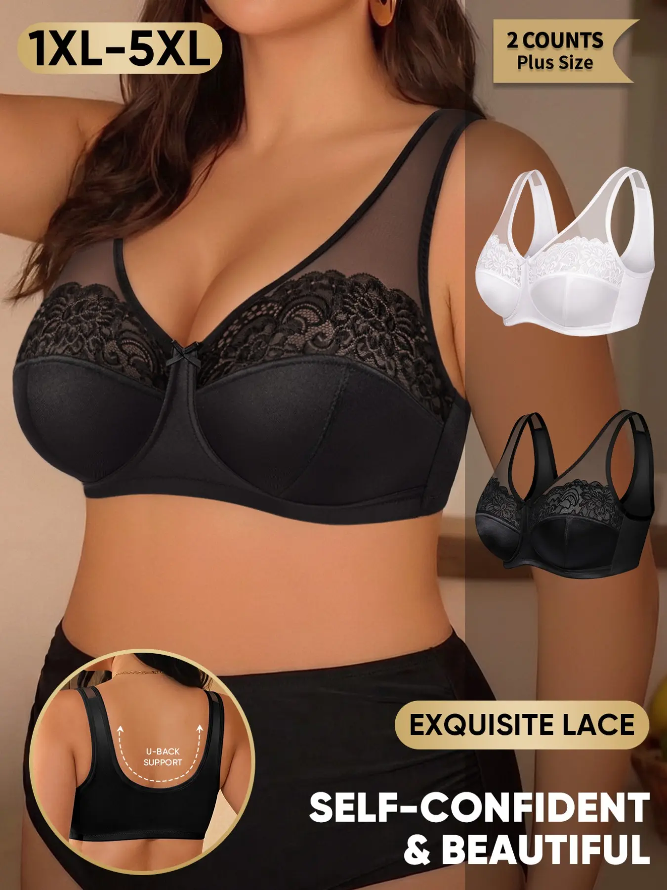 【2-pack】 Morelect Women's Plus Size Backless Bra, 1XL-5XL, Wide Straps, Breathable, Medium Support, Casual Lingerie, Comfortable, Breathable Comfy Bra