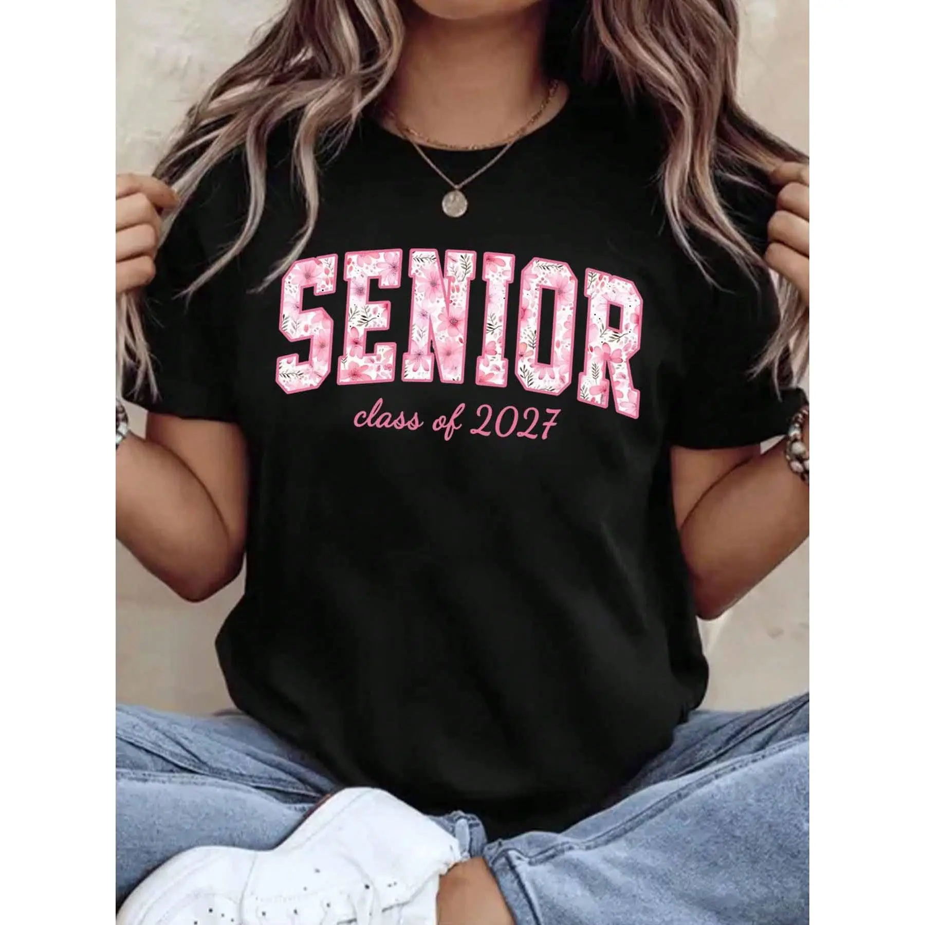 Senior Class Of 2027 Floral Print T-Shirt For Graduation Celebration Women's Casual White Top Spring Summer Outfit,220g