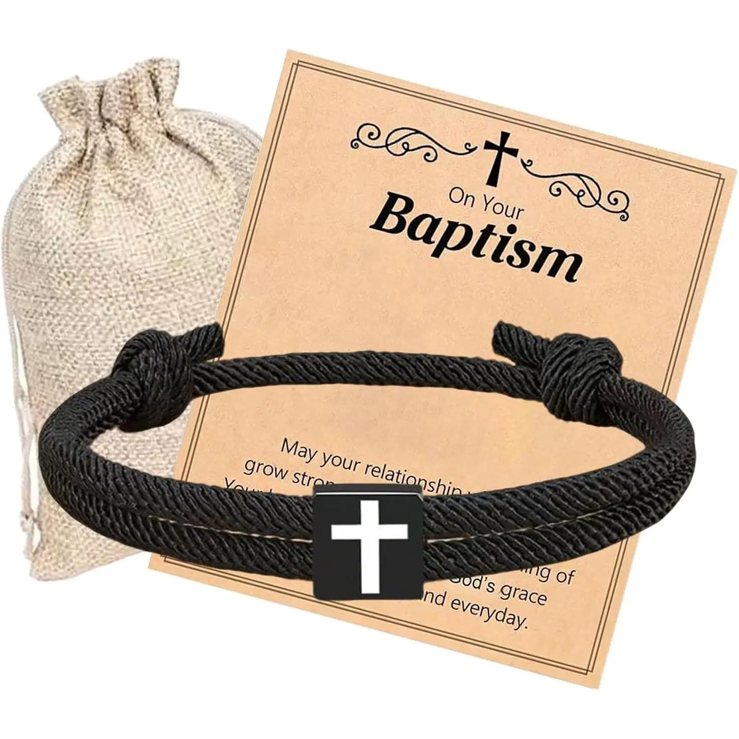 Cross Bracelet for Boys, Adjustable Braided Rope with Square Beads, Fits 6” to 13”, Religious Gift for First Communion, Baptism, Confirmation, Adjustable 6” To 13”, Christening