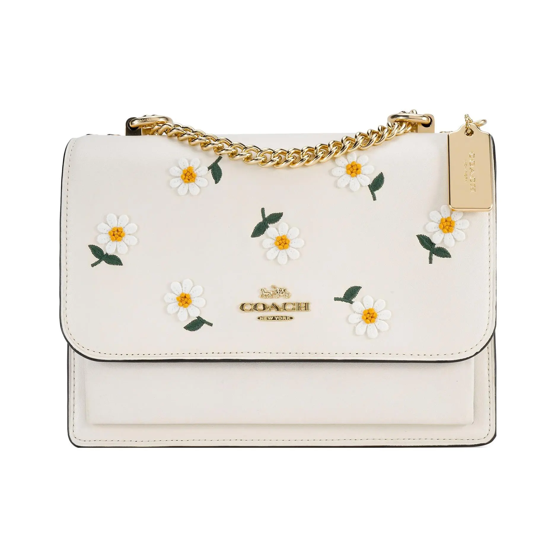 COACH Klare 21 Floral-Print Top-Handle Quilted Crossbody Bag for Women, Daisy Embroidery, Leather, Small Size, White