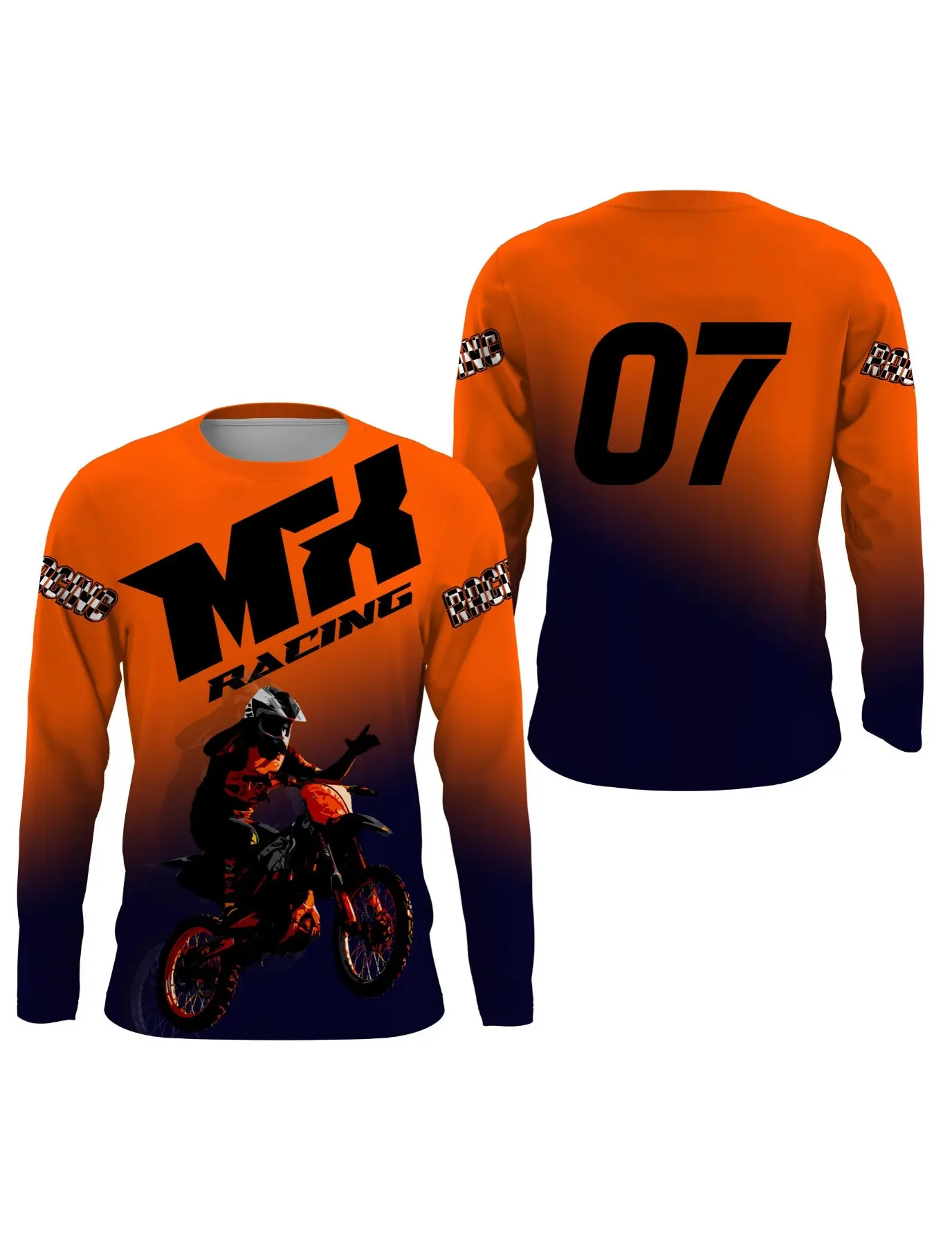 Men Long Sleeve Riding Jersey, Orange Black Gradient Motocross Rider Number Graphic Breathable Shirt, Off Road Motorcycle Outdoor Sports Racing Top.