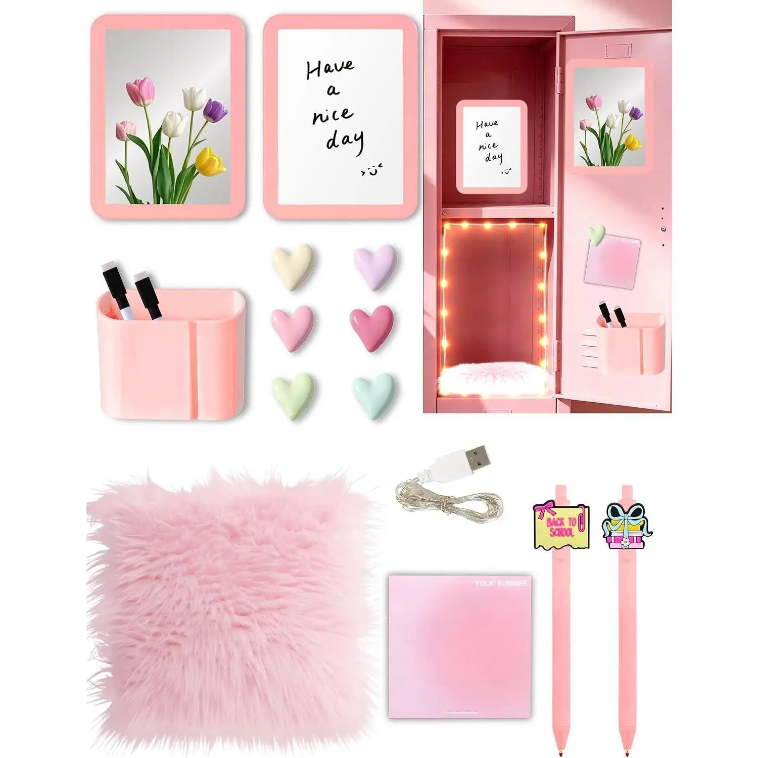 16 PCS Locker Accessories Kit with Mirror, Magnetic Whiteboard, Rug, Magnets, String Lights, and Sticky Notes - Locker Organizer & Decor for School, Back to School Essentials, Coral Pink