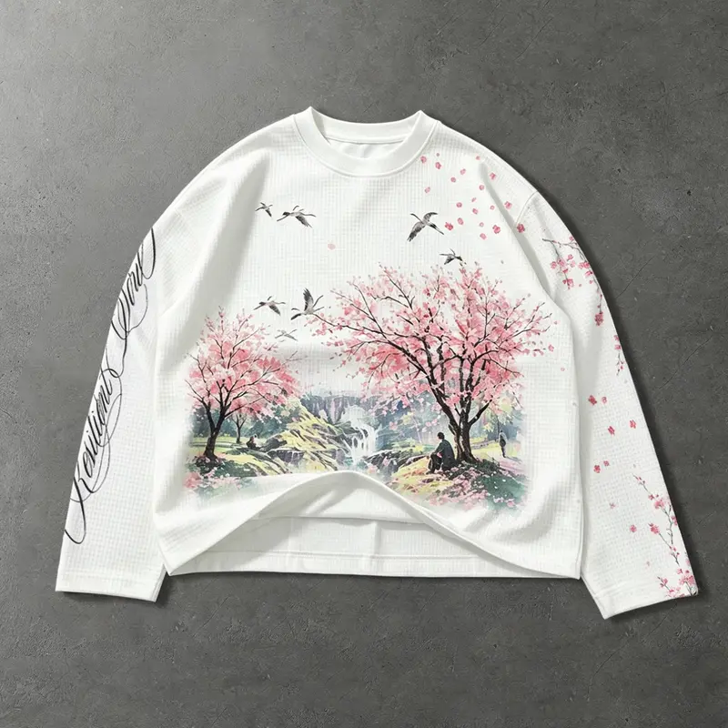 Waffle Long Sleeve Round Neck T-Shirt, Cherry Blossom Landscape Print, Streetwear Top for Teen Boys, Casual Daily Wear, Graphic Printed Shirt