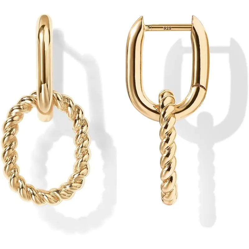 Women's 14K Gold Plated Convertible Paperclip-Chain Clip-On Earrings with Cubic Zirconia, 2-Tone Unique Costume Jewelry