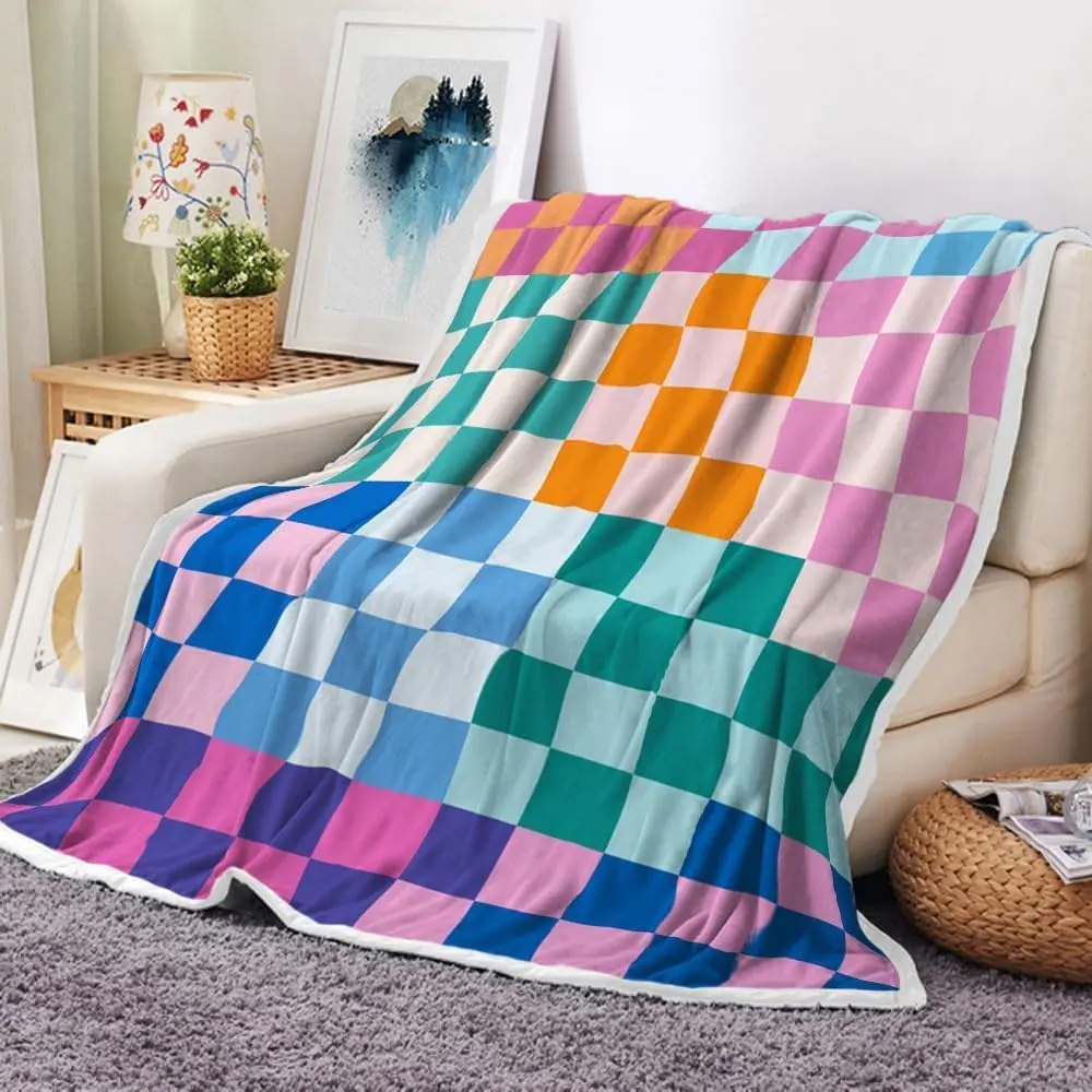 Checkerboard Grid  Throw Blanket, Colorful Checkered Retro Soft Warm Cozy Plush Comfy Blanket for Couch Bed Sofa, Aesthetic 70S Groovy Cute Fleece Flannel Throws to Decorate Living Room Bedroom