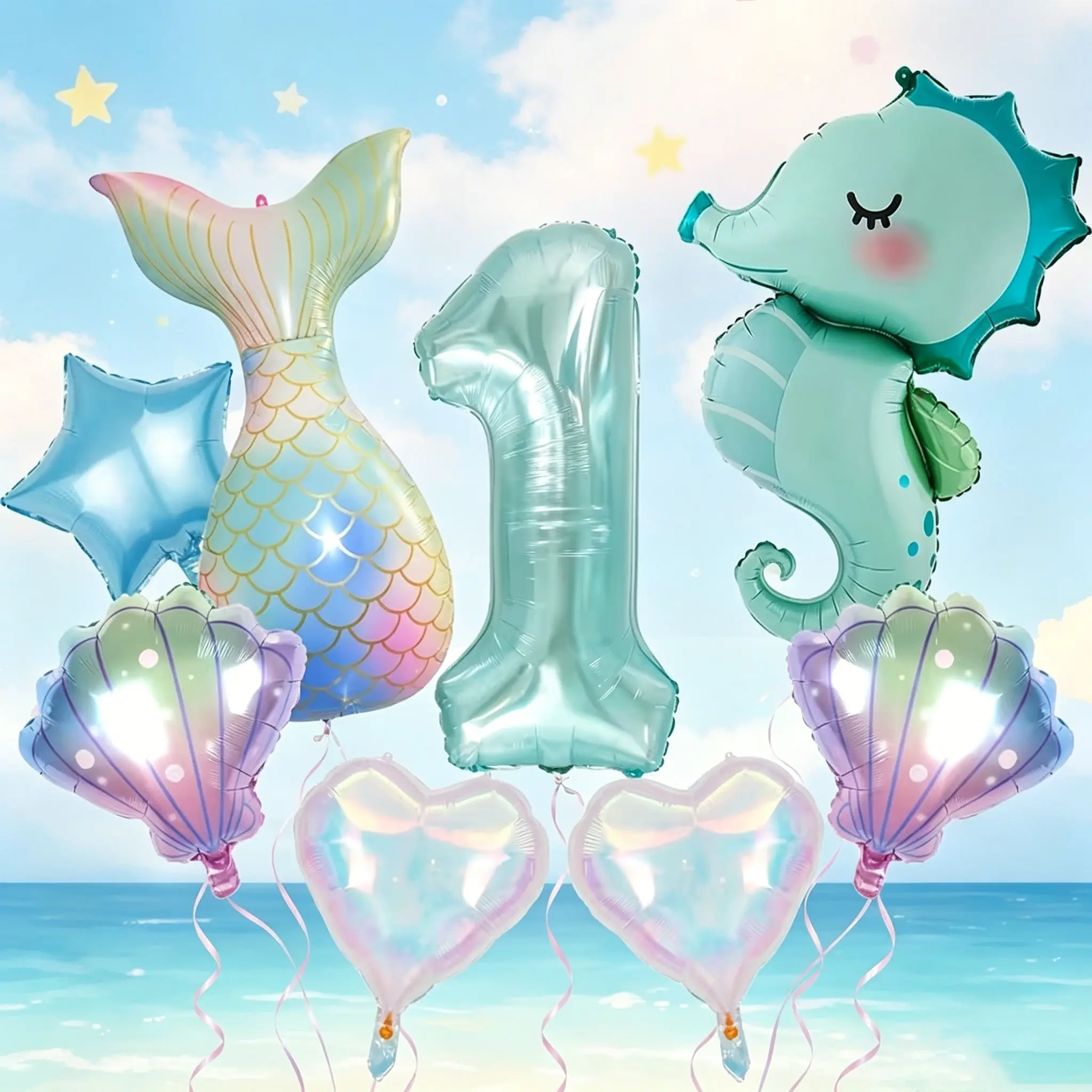 10pcs Gradient Fish Tail Ocean Theme Balloon Set, 32'' Crystal Blue Number Balloons, Mermaid Birthday Party Decor, Pool Beach Party Supplies, Party Balloons Decorations