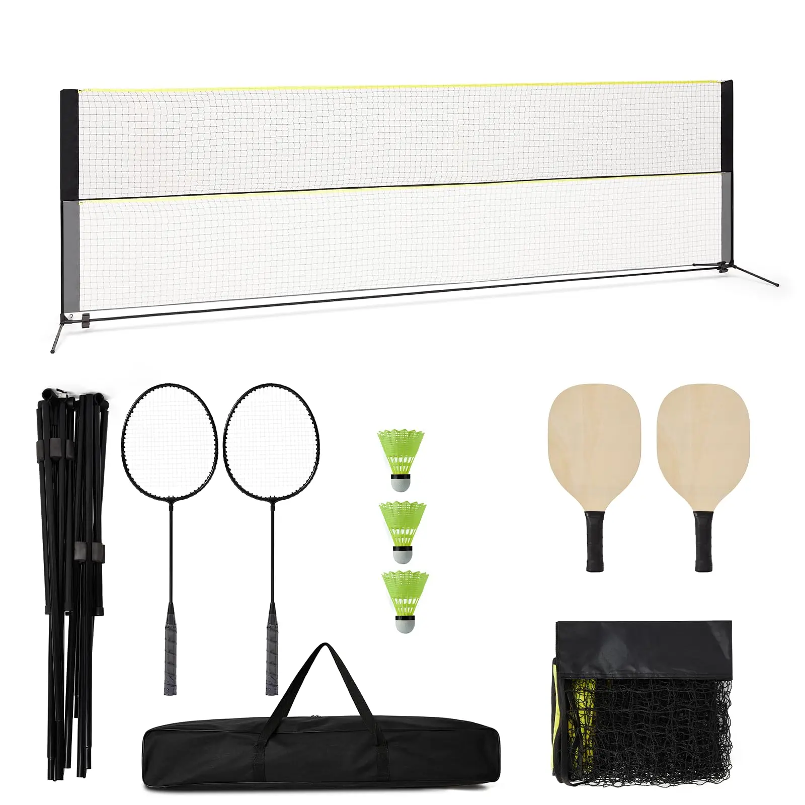 16.7‑Foot 2‑in‑1 Portable Pickleball and Badminton Net Combo, 3.5‑5.1 FT Adjustable Height Outdoor Game Kit, Equipped With 4 Pickleball Paddles,2 Badminton Rackets and 3 Balls, Quick‑Setup Net for Indoor & Backyard Sports