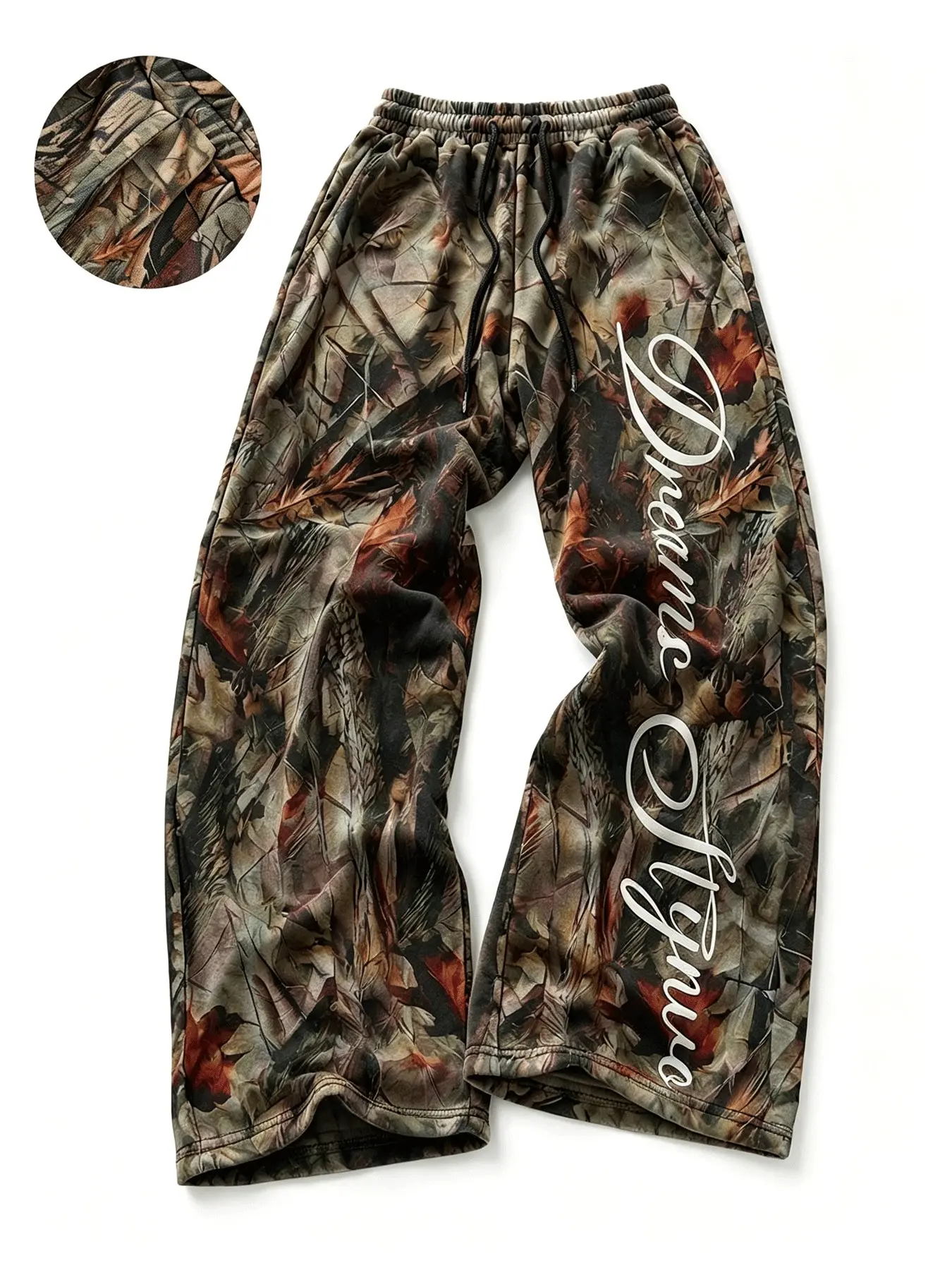 Men Jungle Leaf Camo Wide Leg Sweatpants Vintage White Cursive Script Print Oversized Loose Streetwear Track Pants