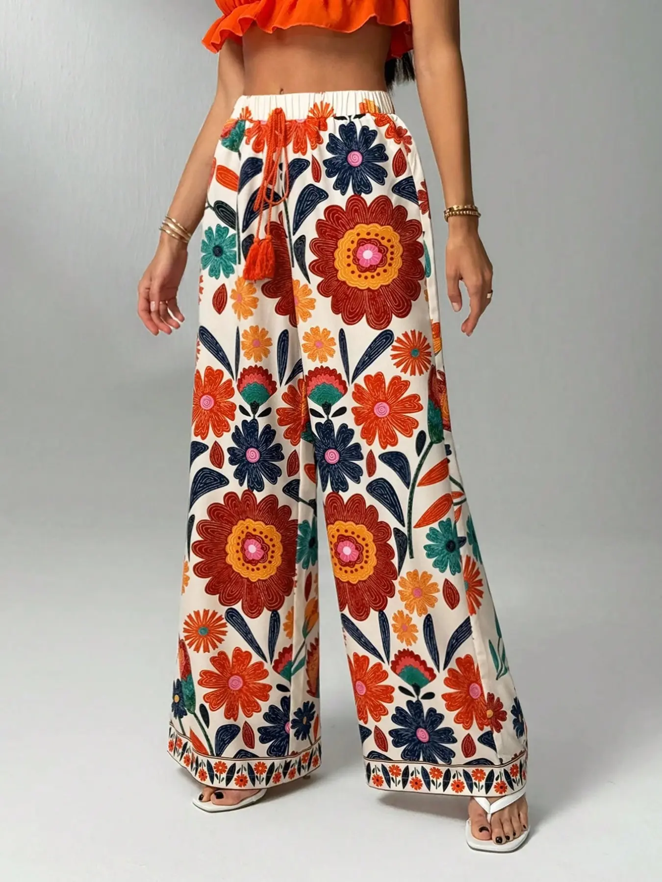 Women's Bohemian Floral Print Wide Leg Pants, High Waist Loose Fit, Casual Beach Vacation Long Pants, Comfortable and Stylish