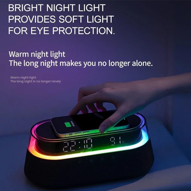 6-in-1 Smart Speaker Alarm Clock 15W Wireless Charger Bluetooth Music Player with Snooze Function