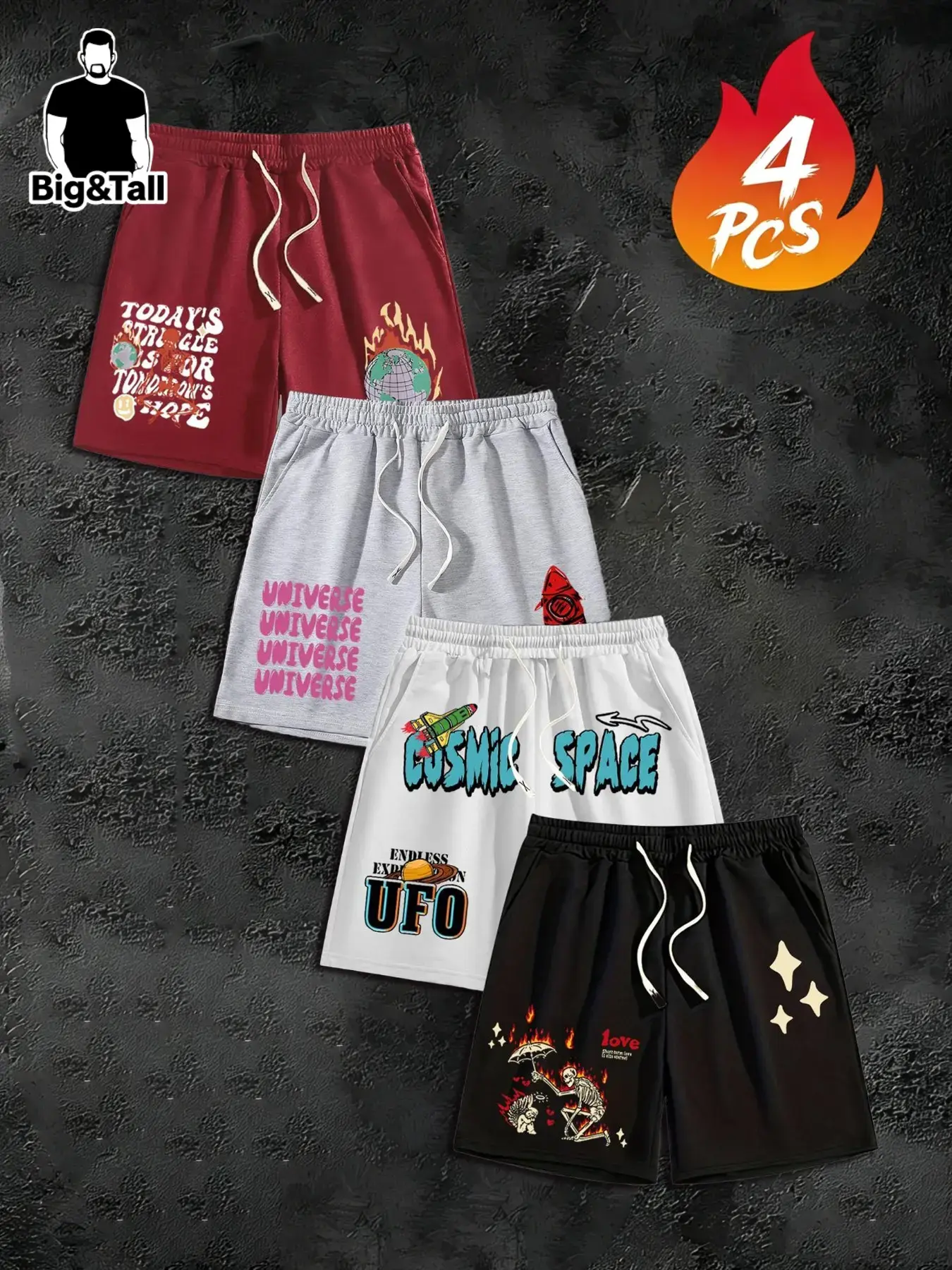 4 Pcs Plus Size Men's Space Skull Print Casual Graphic Loose Elastic Polyester Shorts, Street Style, Multi-Color Elastic Waist, Universe/ufo/skull Print