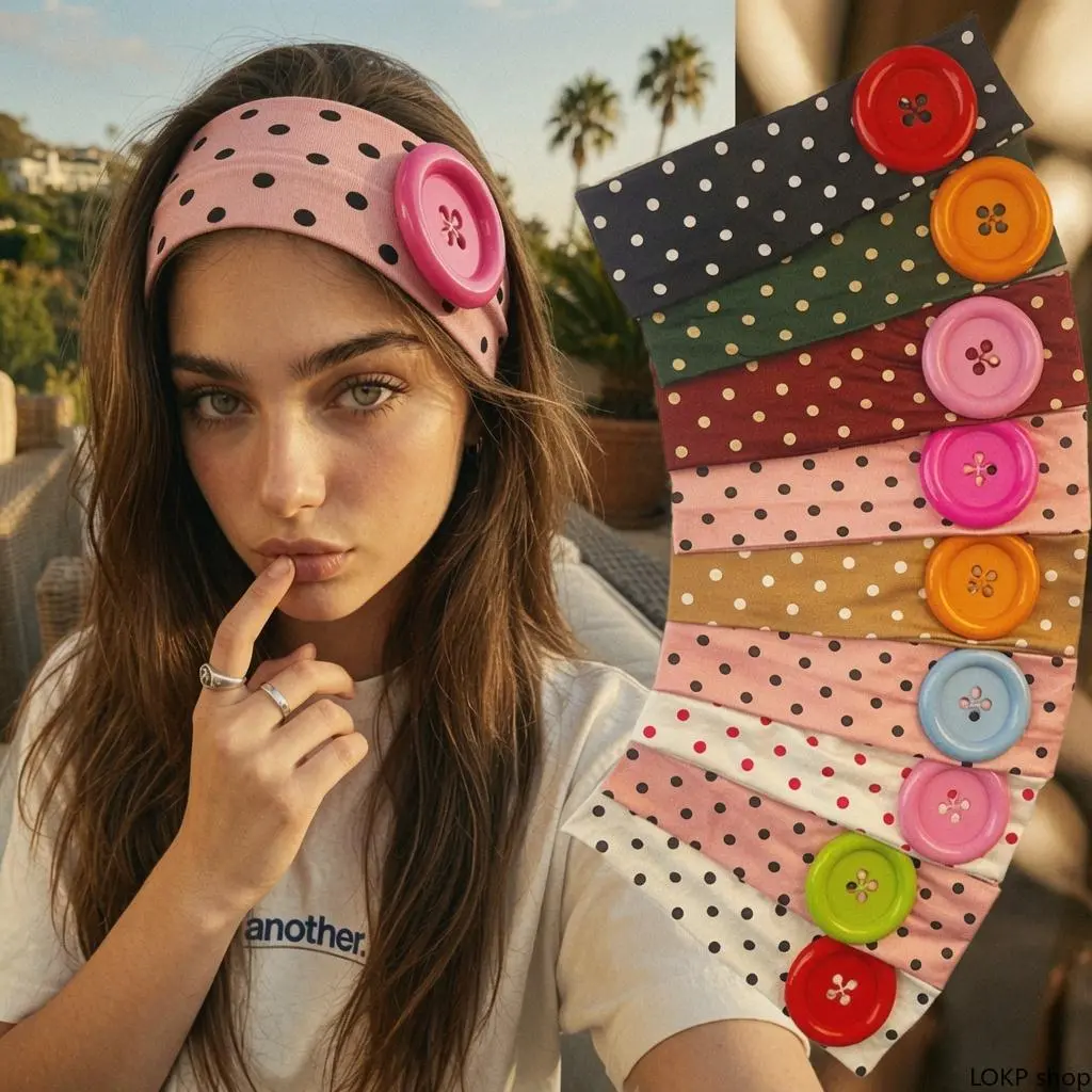 Women's Summer Colorful Polka Dot Wide Elastic Headband - Large Buttons, Korean Ins Y2K Retro Blogger Style, Trendy Daily Hair Accessory