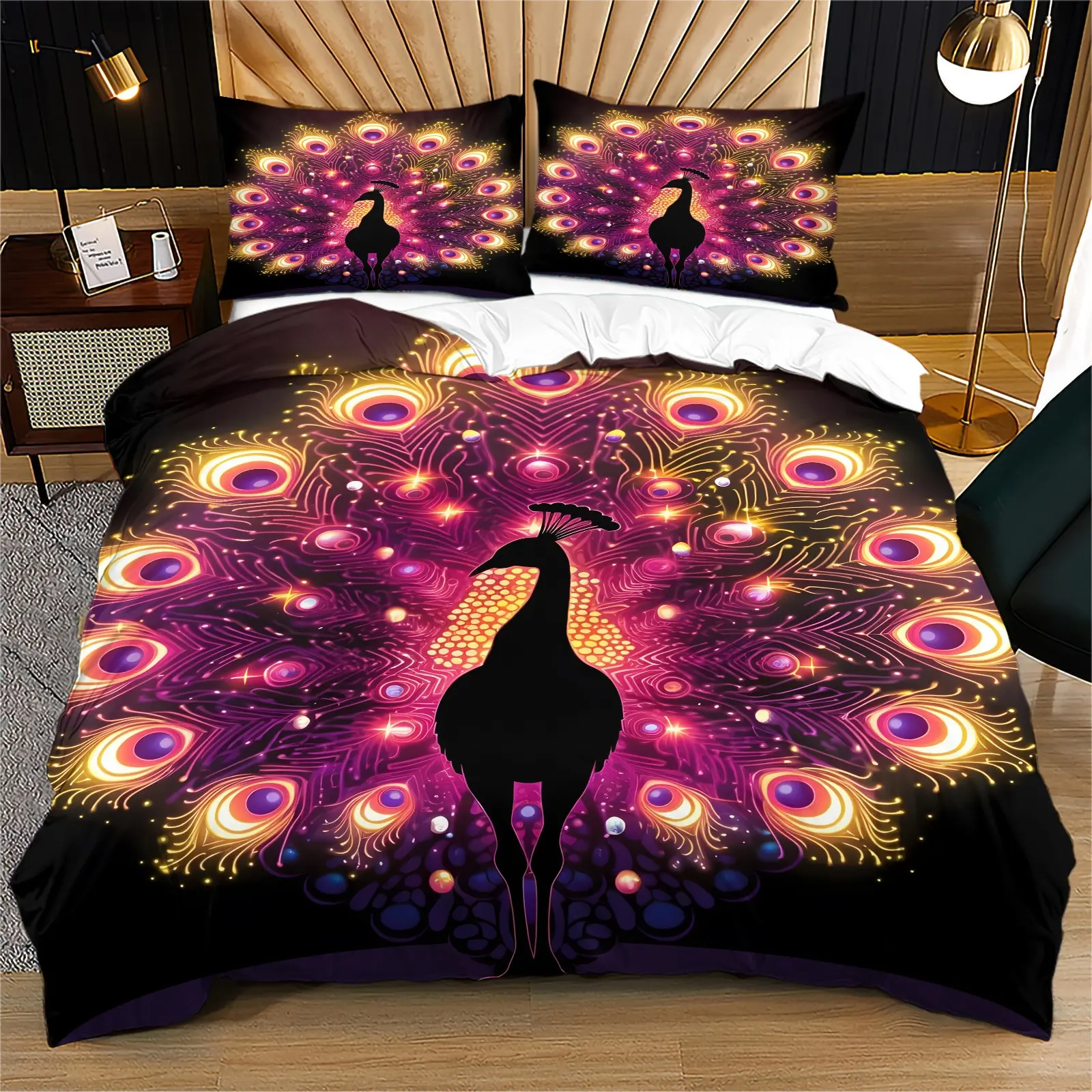 Neon Glowing Purple Pink Peacock Silhouette Print Duvet Cover Set, Magical Peacock Feather Pattern Bedding Set, Soft Lightweight Breathable Machine Washable Bed Cover, Zipper Closure & Corner Fixing Ties, Includes 2 Pillowcases - without Core