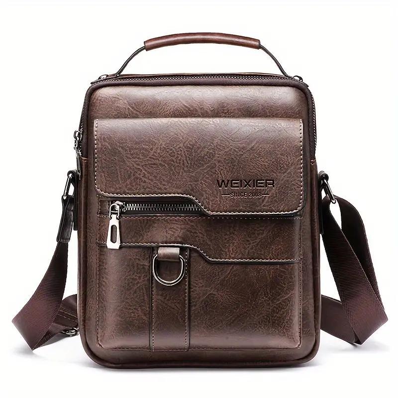 WEIXIER Men's PU leather shoulder bag, retro fashion, classic style, multiple compartments, adjustable shoulder strap, messenger bag, crossbody bag, casual handbag, travel, backpack, business trip, daily commuter bag for men and women
