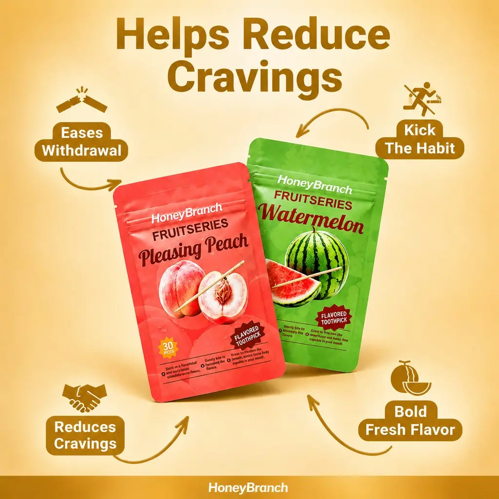 Flavorful Smoke-Free Stress Relief Toothpicks, Peach and Watermelon Aroma, Thick Birch Wood, Vegan and Gluten-Free, Refreshing Taste, Flavored Toothpicks