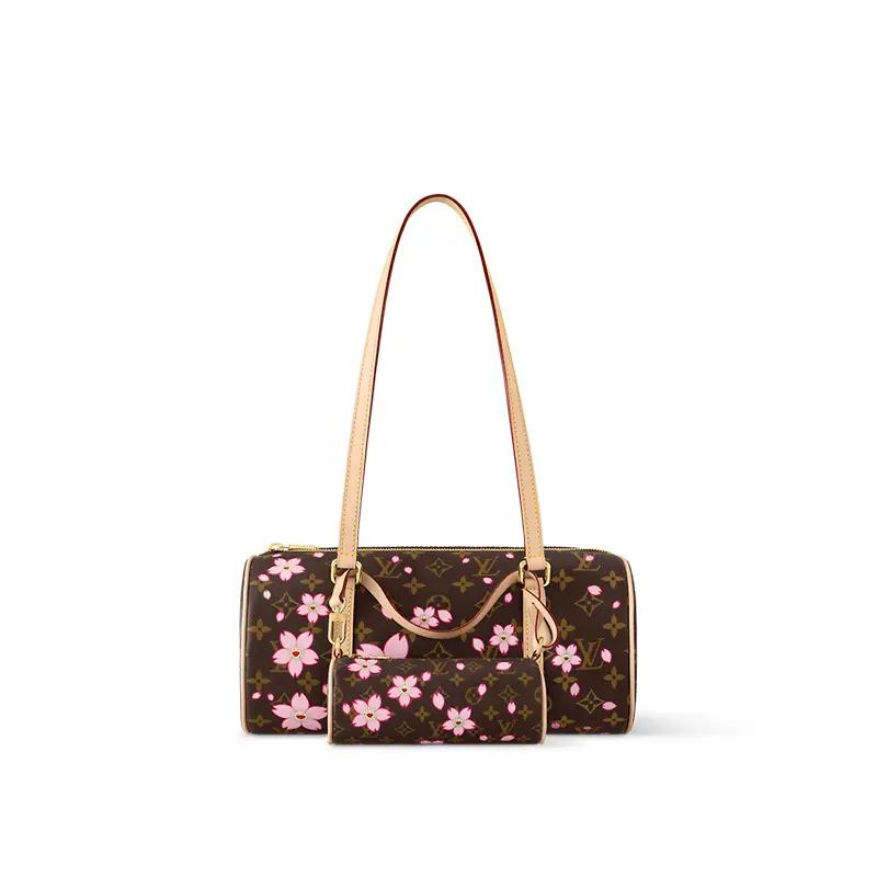 Louis Vuitton x Takashi Murakami Papillon Cherry Blossom Handbag for Women, Monogram Coated Canvas with Metal Hardware, Brown