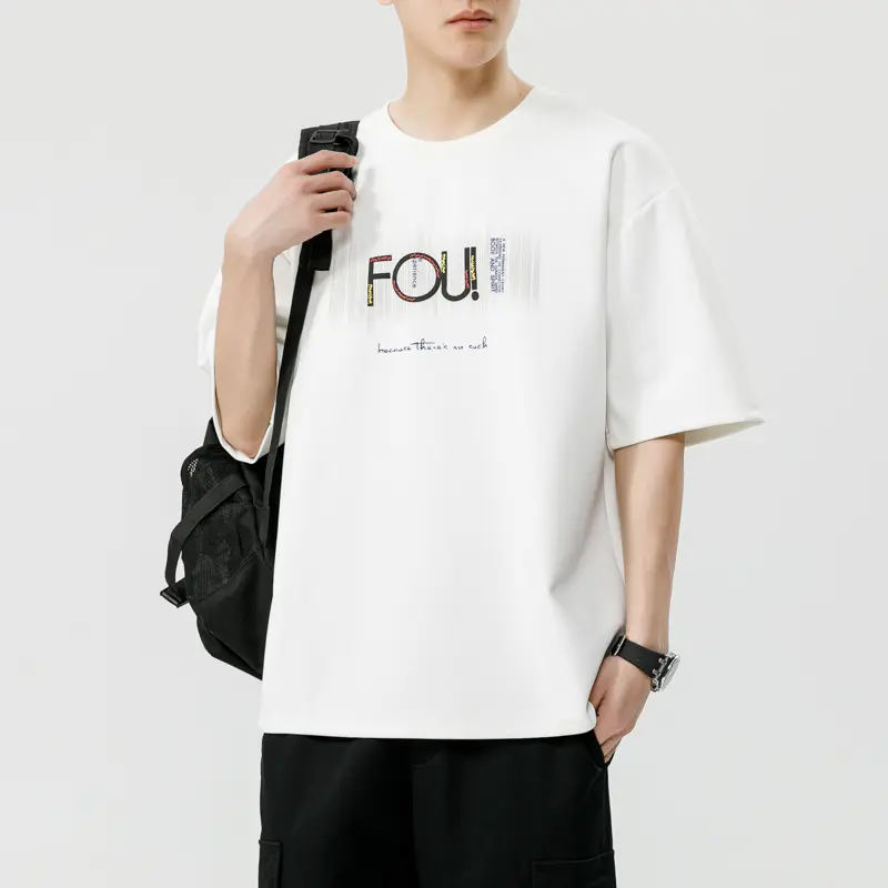 Trendy Graphic Print Men Relaxed Short Sleeve T Shirt Creative FOU! Letter Patchwork Design Vertical Gradient Line Decoration Comfort Sweat Wicking Fabric Oversized Streetwear Basic Tops