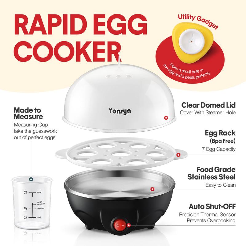 Yonsya Rapid Egg Cooker 7 Egg Capacity Electric Egg Cooker for Hard Boiled Eggs Poached Scrambled Omelets with Auto Shut Off Feature Black