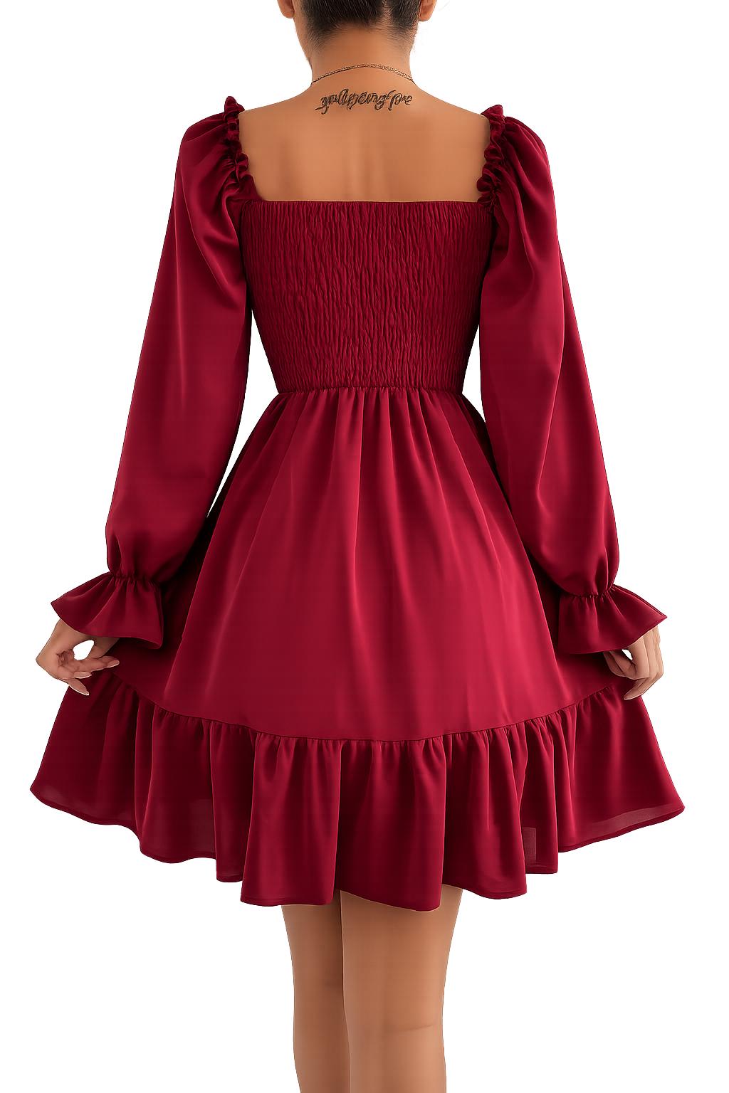 2026 Simple Square Collar Parallel Crepe Dress Body Frill Hem Skirt Dress