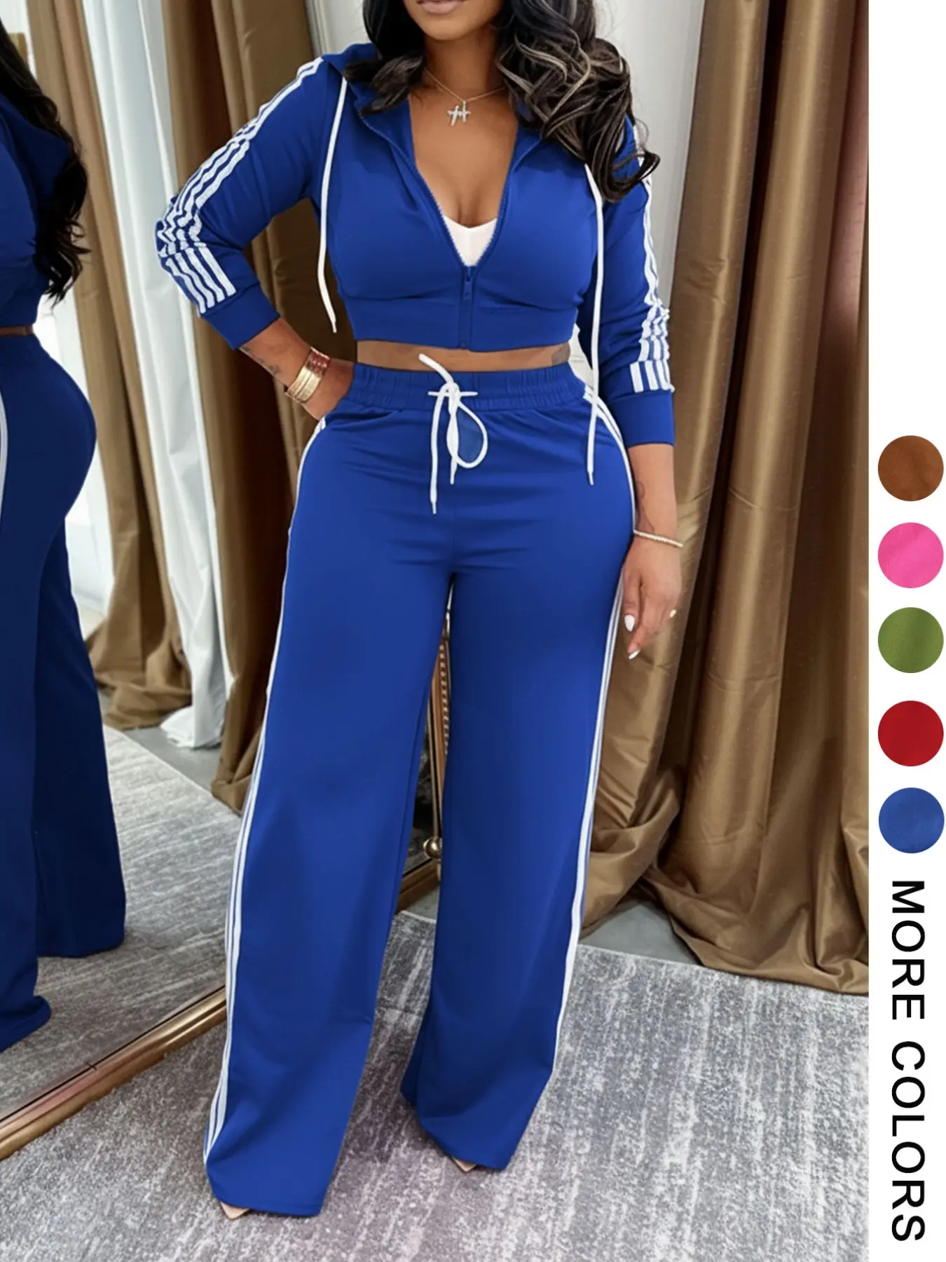 Women's Two-Piece Sports Set, Short Zipper Hoodie + Side Stripe Wide Leg Pants, Casual Streetwear, Comfortable and Stylish