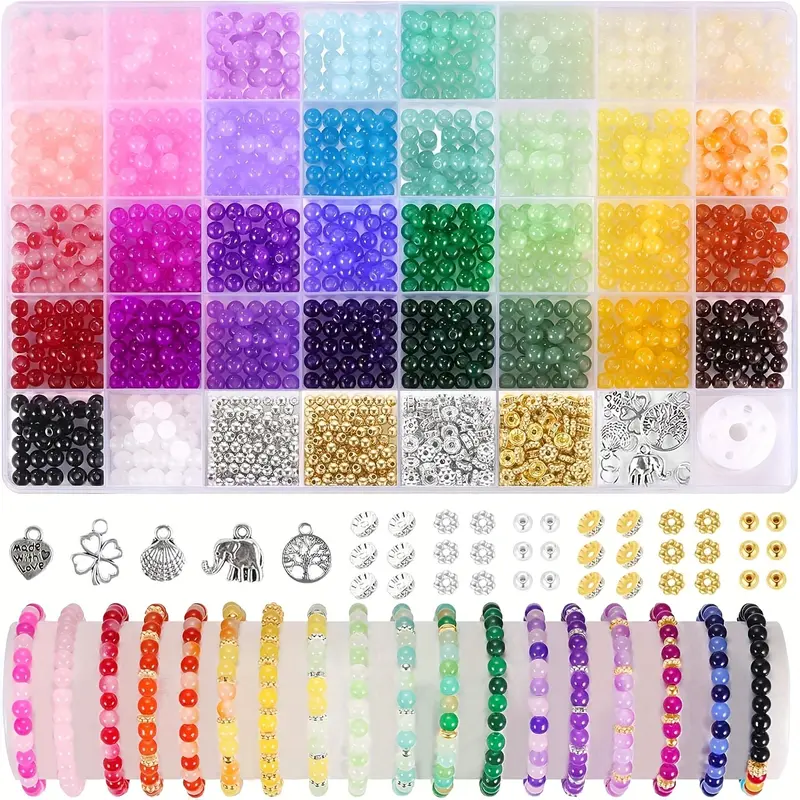 1435pcs 34 Colors Solid & Rainbow Gradient 6mm Glass Beads, Beads For Jewelry Making, Beading Supplies, DIY Bracelet Earring Necklace Kit, Beaded Bracelet Making Kit, Adult Handmade Jewelry Making Supplies
