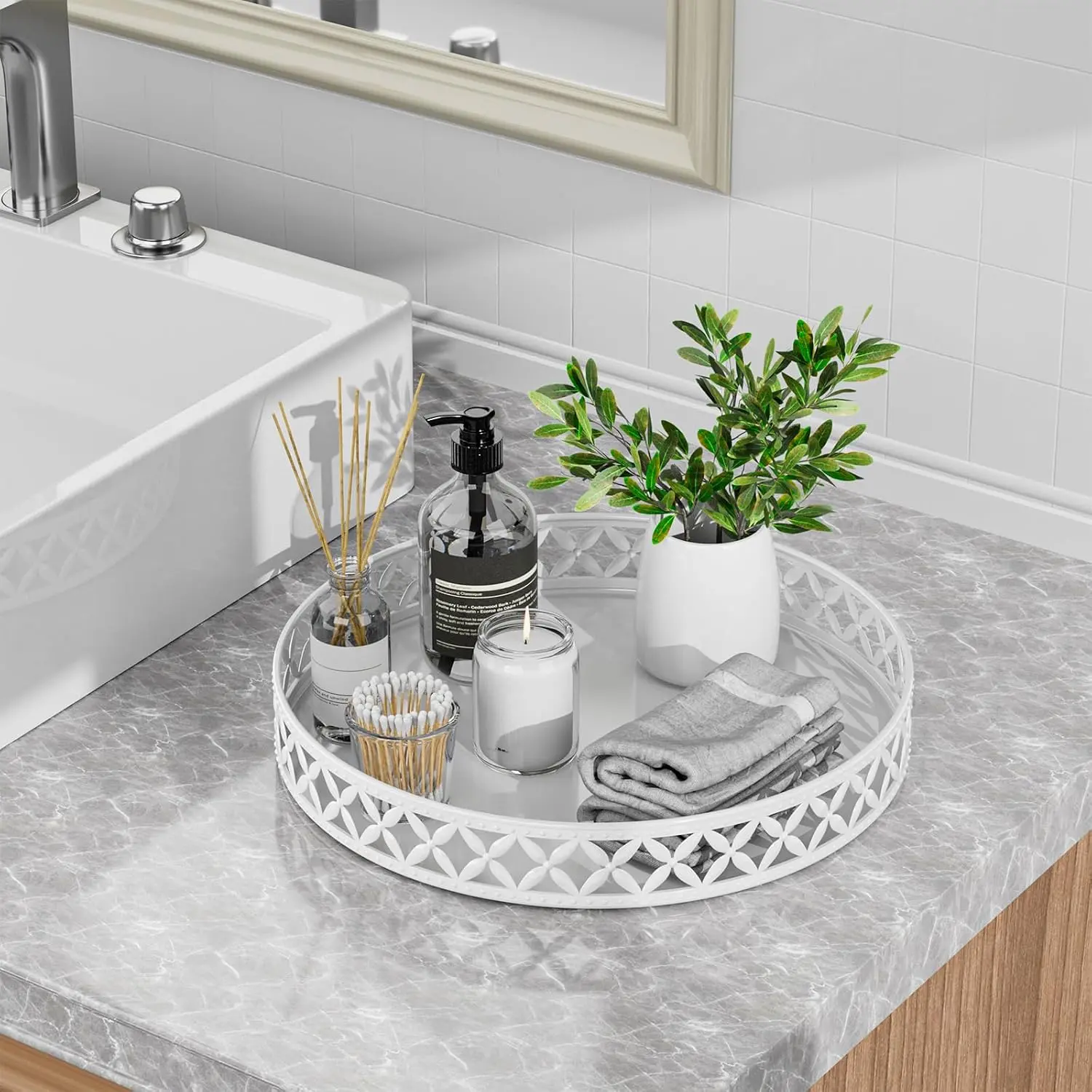 Bathroom Trays for Counter - 11 Inch White Decorative Tray Countertop   Perfume Organizer Storage Tray for Bathroom
