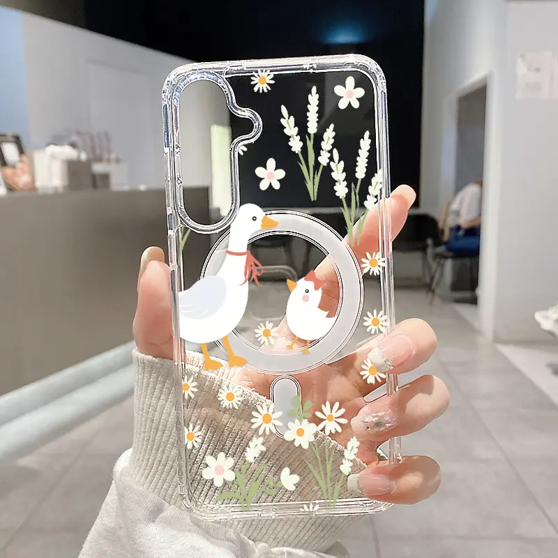 Magnetic Hybrid Phone Case for Samsung Galaxy S22+ S23 Ultra S24 Plus FE S25 S26 Edge, Daisy Duck Delight Pattern, Non-Yellowing Silicone Transparent Acrylic, Large Hole, Shockproof Protection, Durable Wireless Charging Mobile Phone Accessory, Accessories