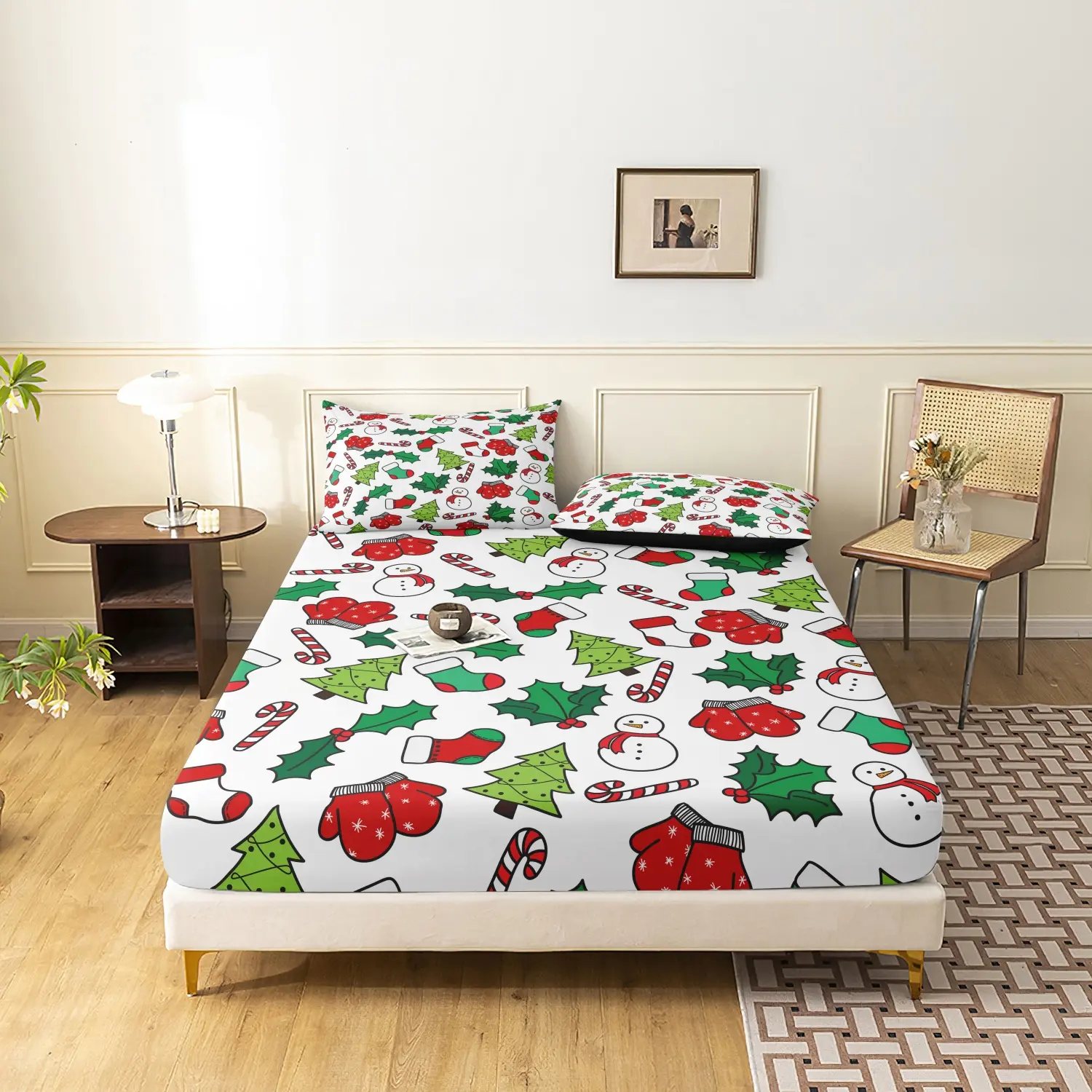 3 Pieces Christmas Element Print Fitted Sheet Set, Snowman Xmas Tree Holly Candy Cane Printed Bedding, Soft Microfiber Festive Winter Holiday Bedding For Bedroom Home Decoration, Multiple Sizes Available (1 Fitted Sheet + 2 Pillowcases, No Pillow)