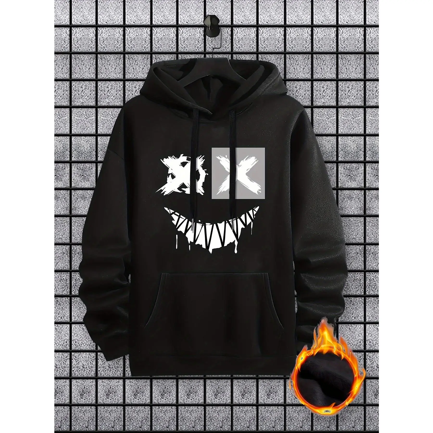 Men's Smiley Print Hooded Sweatshirt, Casual Long Sleeve Pullover with Kangaroo Pockets, Comfortable Menswear Top for Autumn & Winter, Full Sleeves, Longsleeves, Full Length