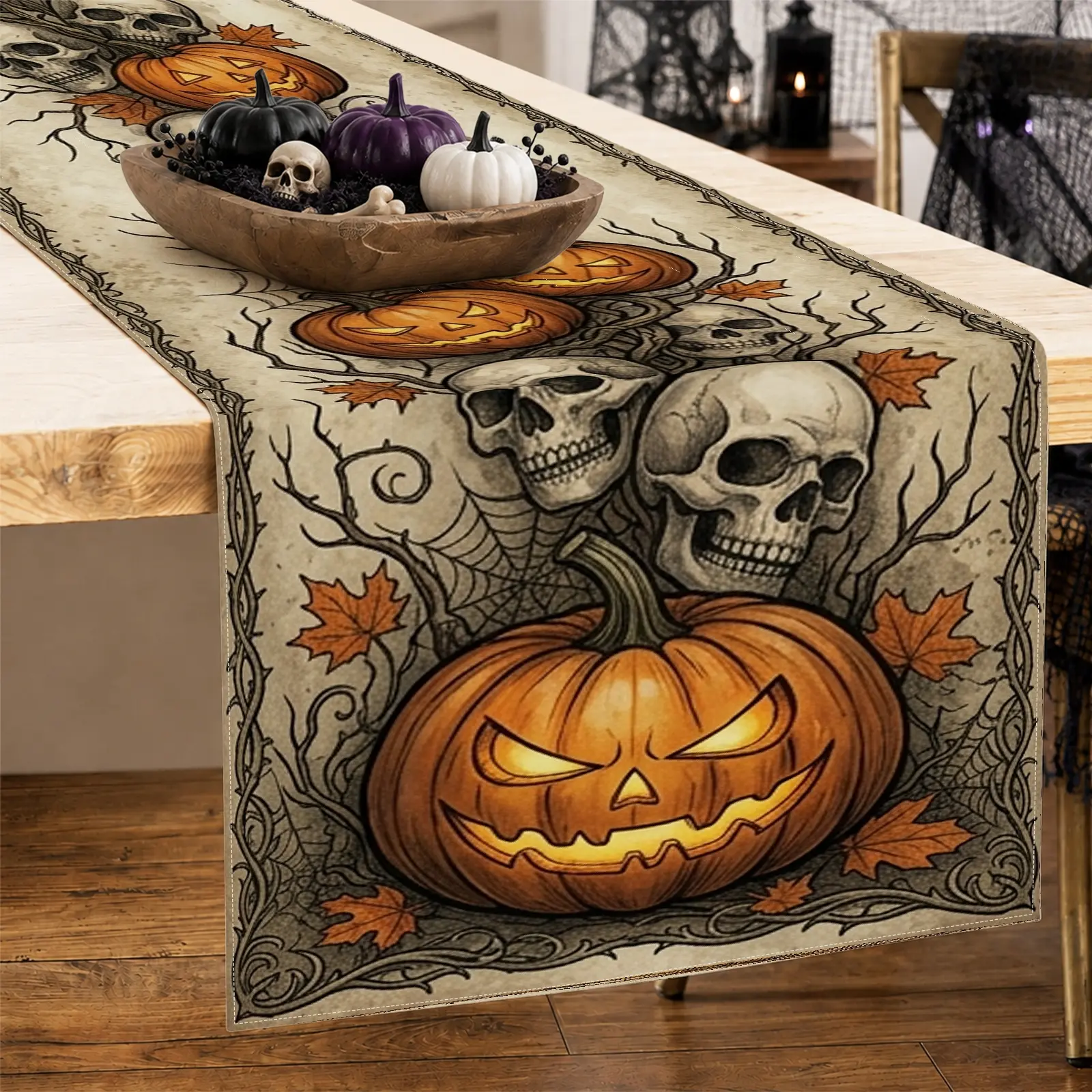 1pc Pumpkin Skull Table Runner, Gothic Halloween Style, Decorative Border Watercolor Style Print, for Dining Table Halloween Party Home Decor Fall Decor