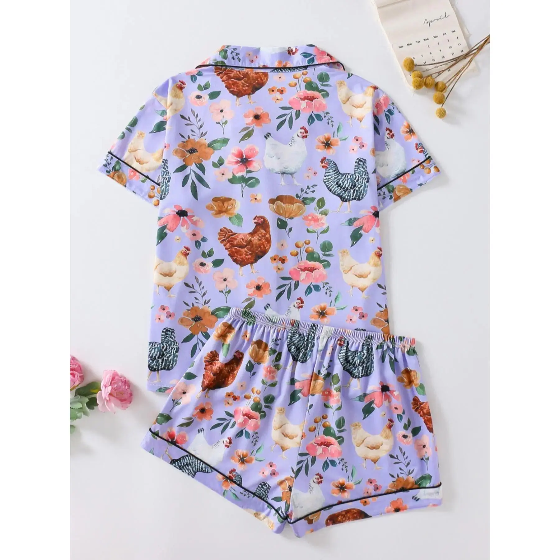 Women’s 2 Piece Chicken Print Pajama Set, Floral Short Sleeve Top with Shorts, Soft Lightweight Sleepwear and Casual Loungewear