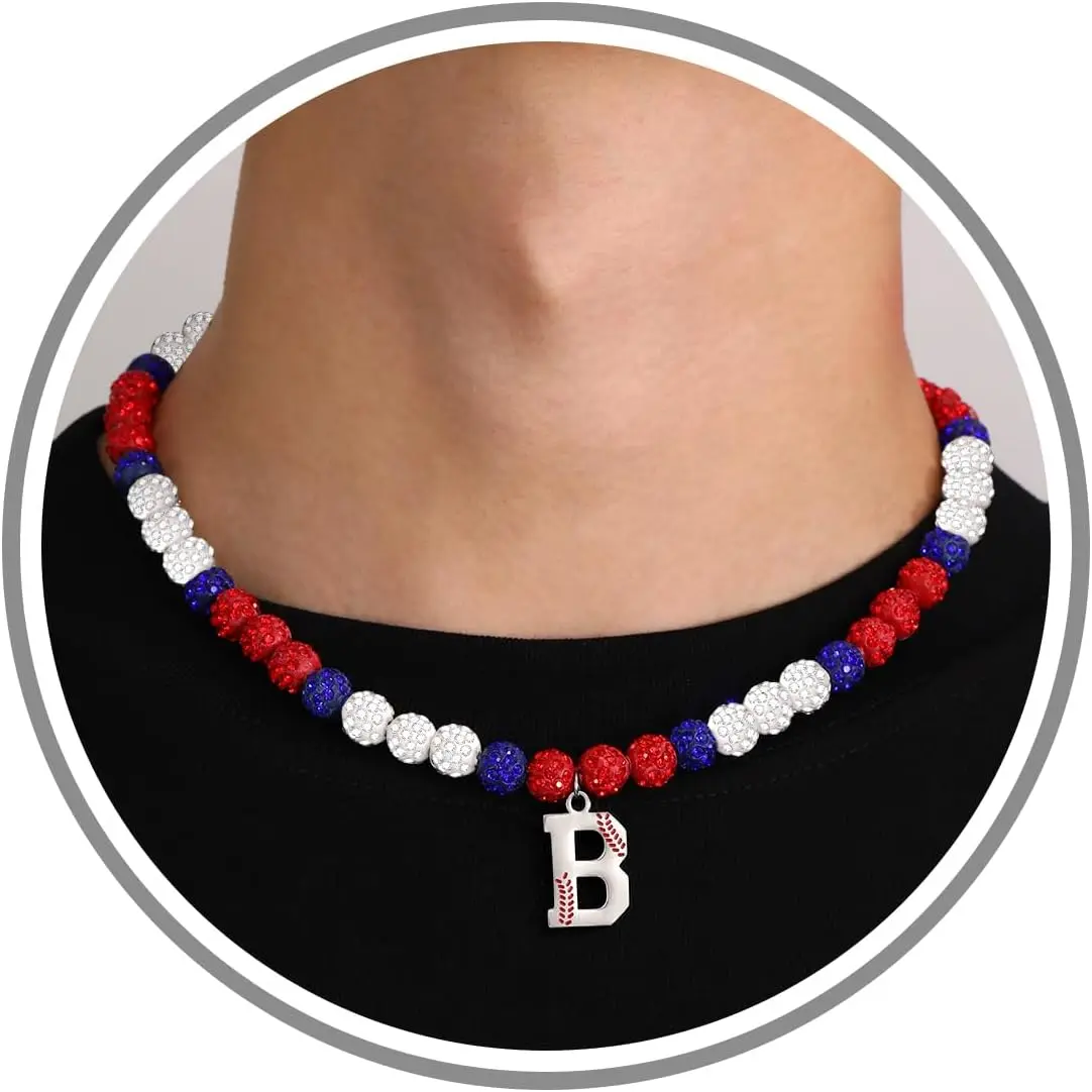 Baseball Necklaces Initial Necklace Baseball Coach Gifts Beaded Adjustable Letter A-Z Bling Baseball Necklace Rhinestone Baseball Accessories Stocking Stuffers for Teens Christmas Jewelry