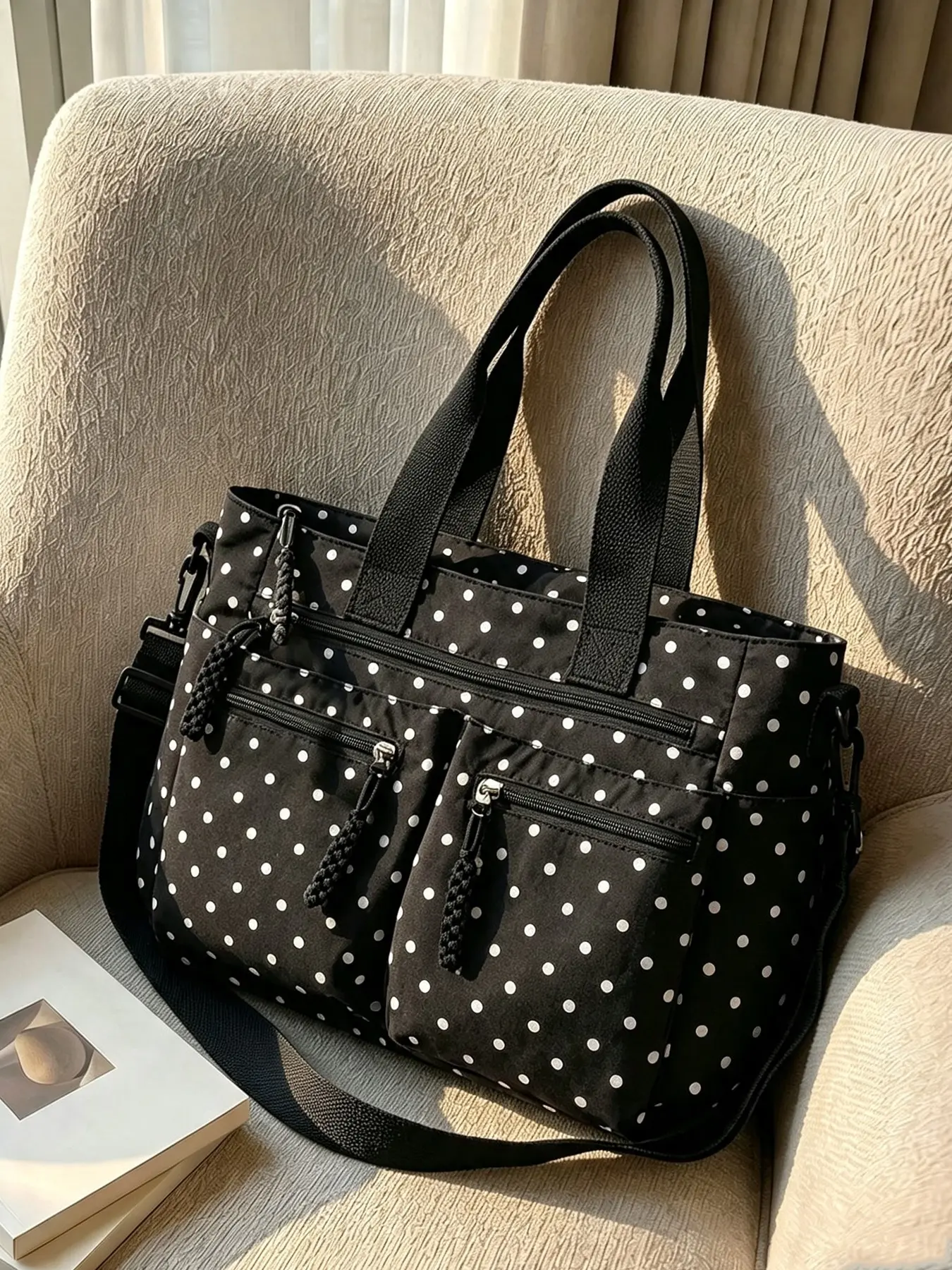 Women Polka Dot Tote Bag Large Capacity Nylon Handbag, Multi‑Zipper Pockets Casual Work Shoulder Bag, Detachable Adjustable Crossbody Strap, Lightweight Daily Purse for Commute, Shopping, Travel & Weekend Outing