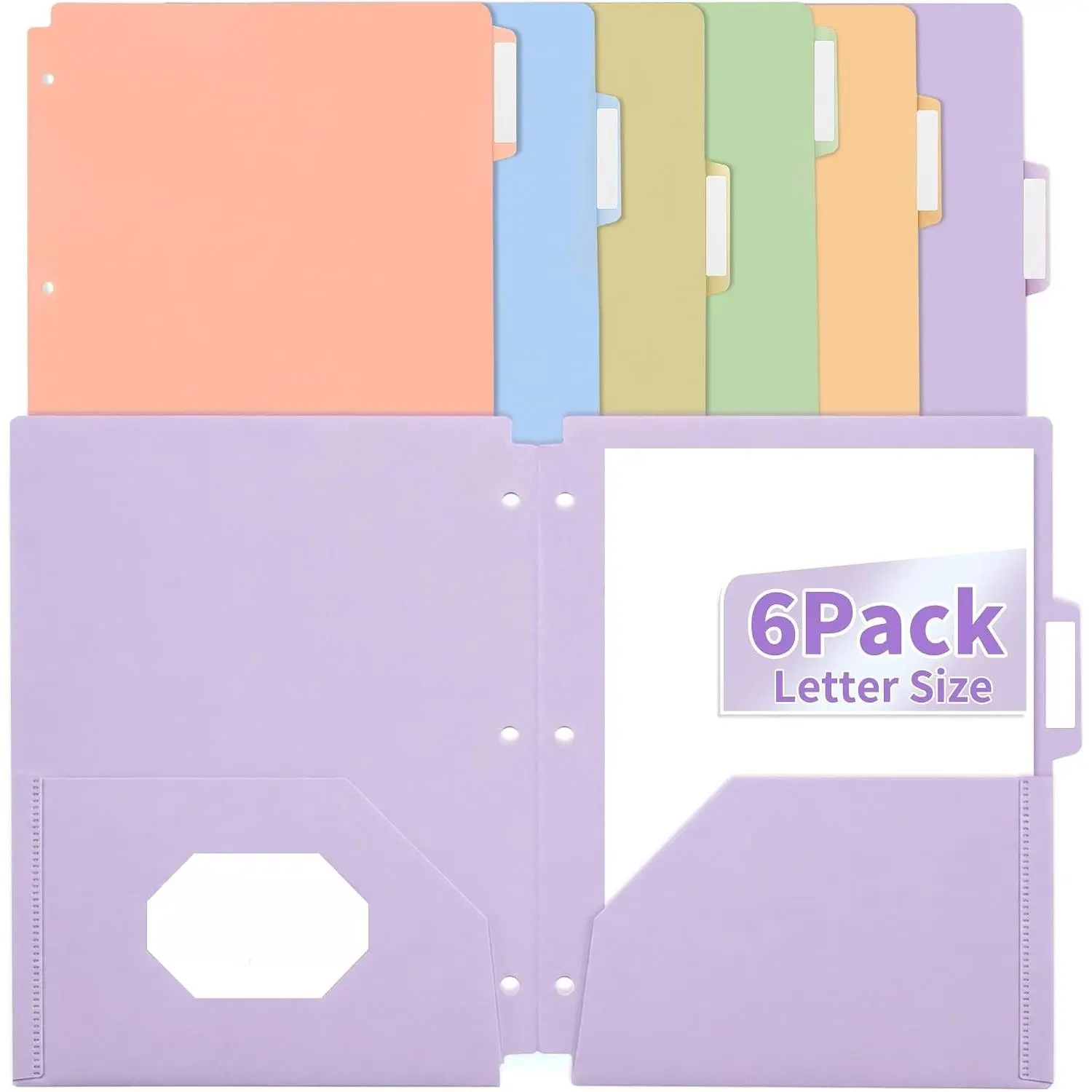 Plastic Folders with Pockets and Tabs for 3-Ring Binder 6 Pack | 3 Hole Punched, with Writable Label Stickers, Fit Letter/A4 Size, Pastel Heavy Duty for  to School Office Filing Supplies