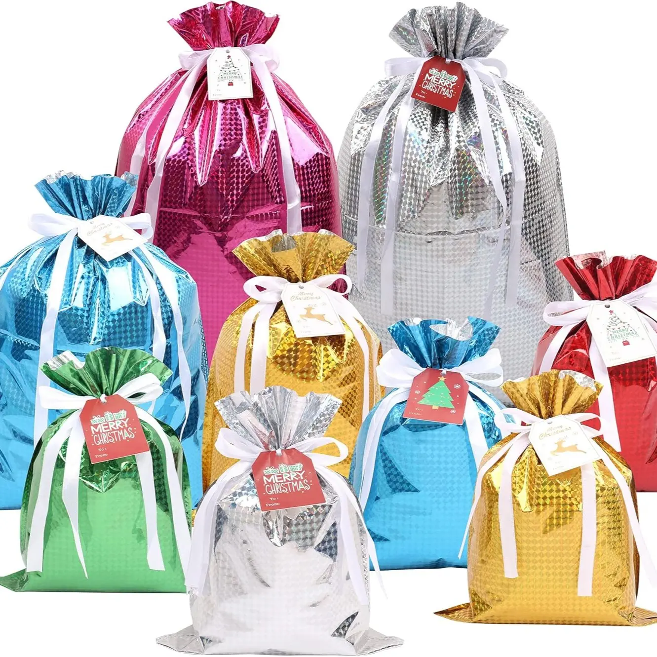 16 Packs Durable Colorfast Gift Bags Assorted Size ,Colorful Drawstring-Shiny Aluminum Foil Reusable Material, Christmas Drawstring Gift Bags,with Clourful Tag, Wrapping Gift Bags,  Assorted Sizes Holiday Gift Bag (Small Medium Large Jumbo), Christmas Bag