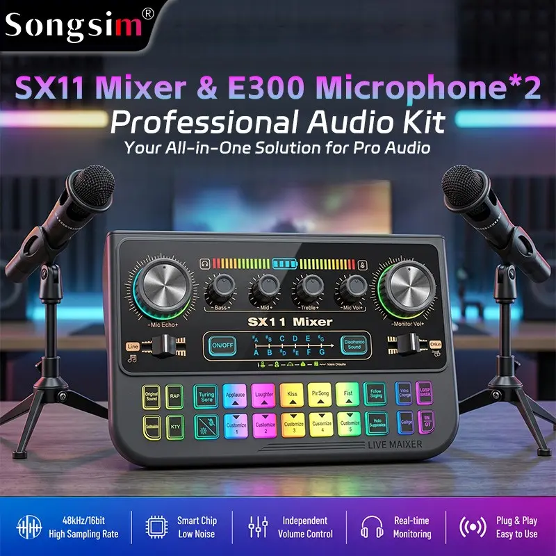 Sx11 Live Audio Mixer Kit with 2 E300 Microphones, 3-Band Eq RGB Soundboard, Type-C OTG Charge, Voice Changer for Podcasts and More