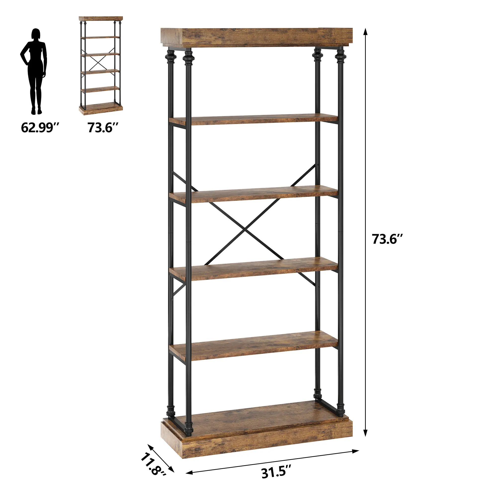 Spacious 6-Tier Industrial Bookshelf - Tall Rustic Grey Wood & Black Metal Bookcase with Open Display Shelves - Ideal for Modern Home Office, Living Room, or Bedroom - Farmhouse Organizer