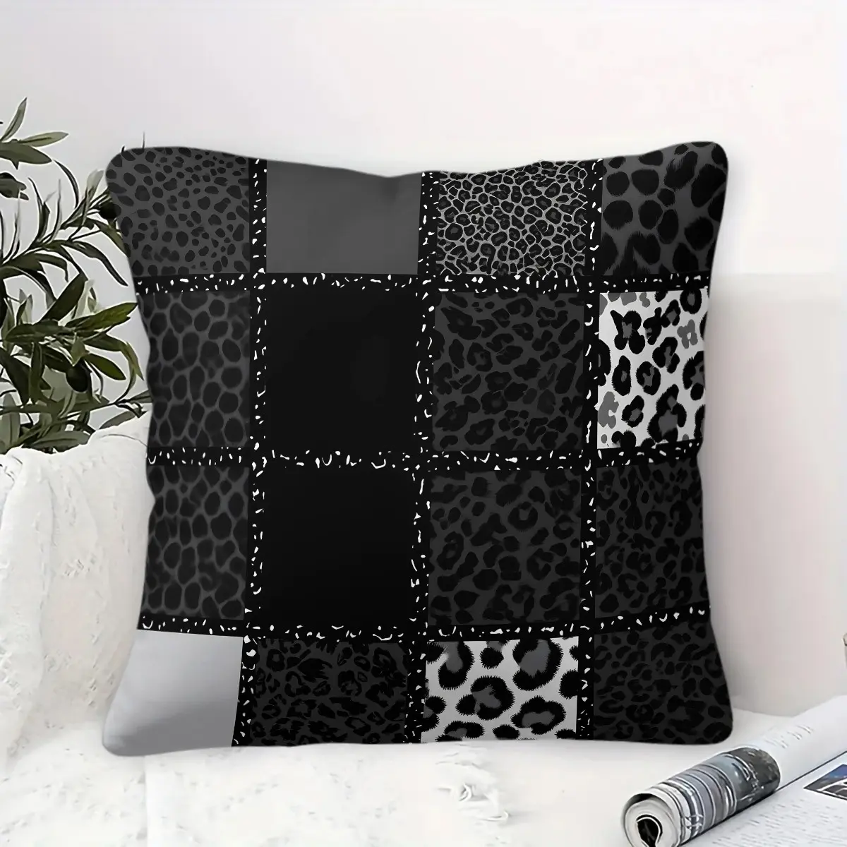 Leopard Patchwork Geometric Throw Pillow, Modern Dark Home Decor Includes Pillow Core, Chic Accent Pillow for Modern Room Decoration Bedroom Sofa Decor, Home Decorative Cushion, Square Cushion, Cushions For Sofa