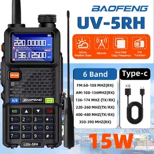 UV-5RH portable handheld walkie talkie with 15W high power, 6 frequency bands, wireless replacement frequency, 999CH transceiver, ham two-way radio is an essential equipment for outdoor camping, wilderness exploration, and convoy transportation